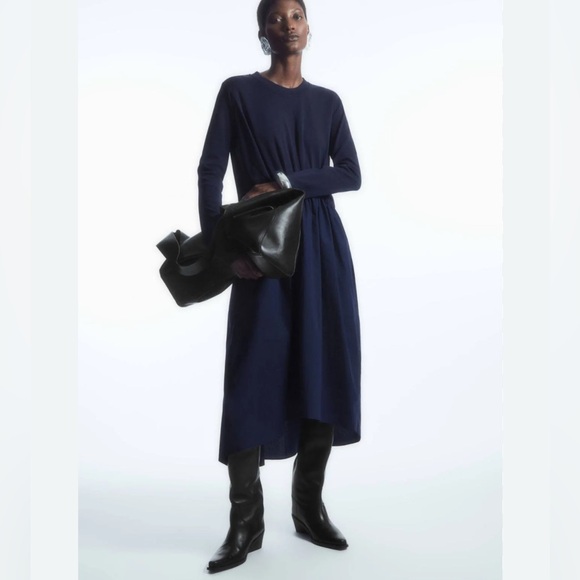 COS Long Sleeved Gathered Midi Dress Navy  Blue Poplin Jersey Stretch Pockets XS - Picture 1 of 8